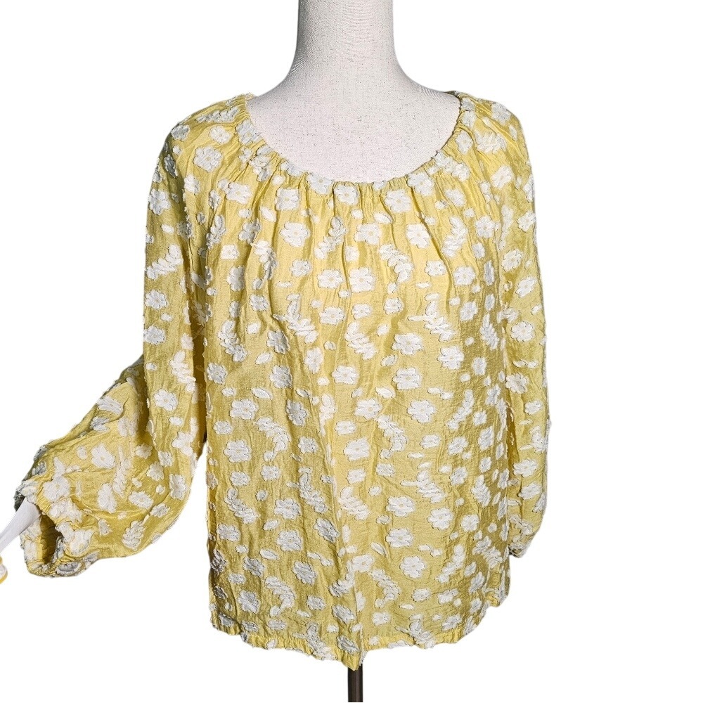 Ann Taylor Textured Yellow Floral Scoop Neck Boho Women's Top Large Petite